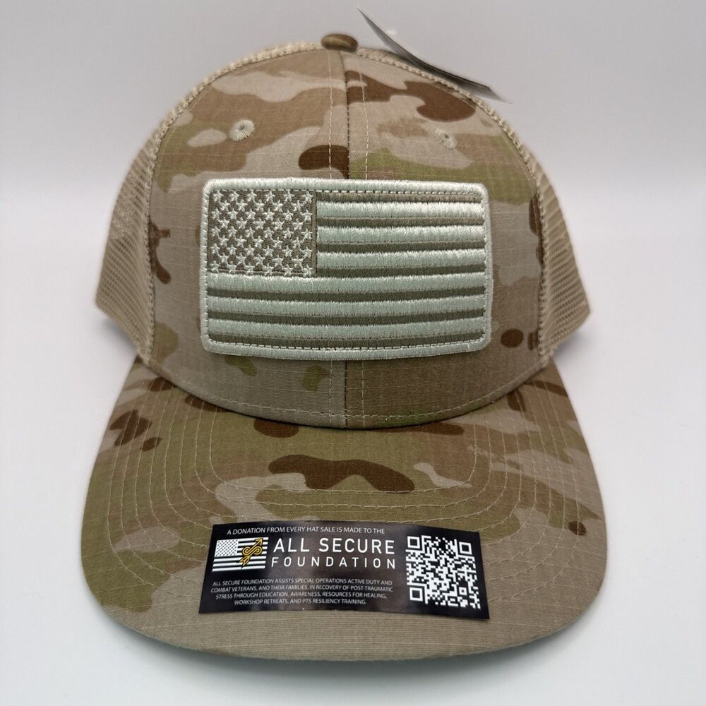 DeWalt Tools Multicam Mesh Back Trucker SnapBack Hat Flag All Secure Arid Camo